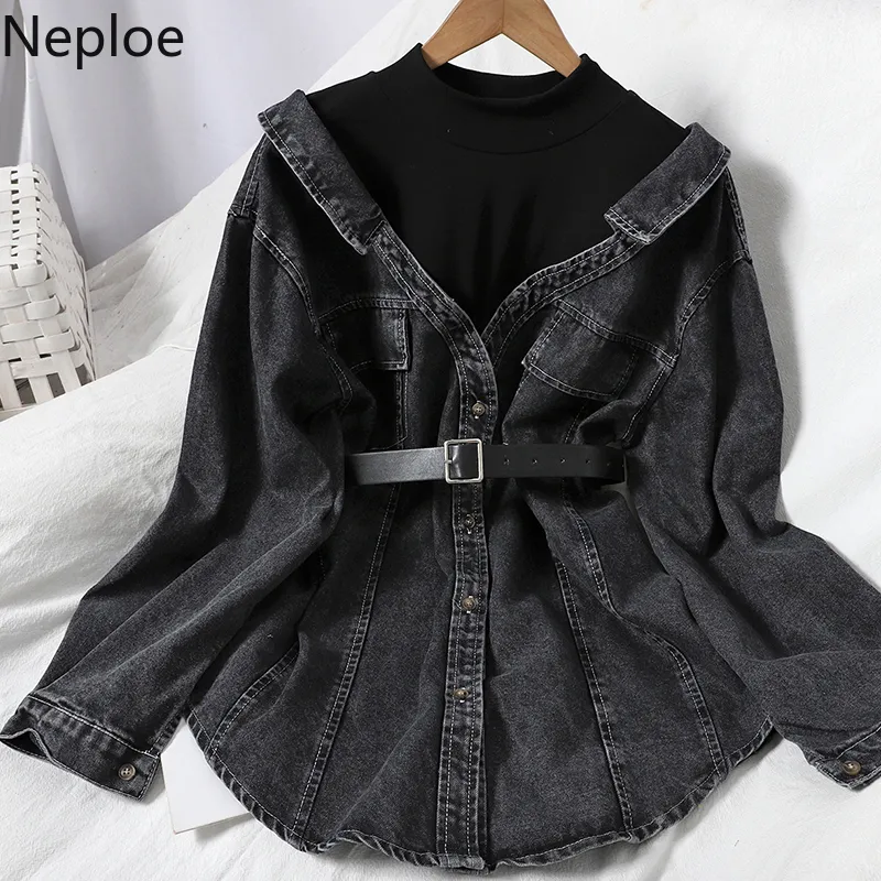 Neploe Patchwork Shirts Fake Two Piece Women Blouses Coat Korean Single Breasted Denim Blouse Cowboy Shirt Jacket Bandage Tops 210308
