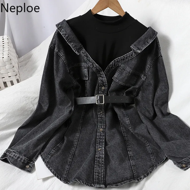 Neploe Patchwork Shirts Nep Tweedelige Vrouwen Blouses Jas Koreaanse Single Breasted Denim Blouse Cowboy Shirt Jasje Bandage Tops 210308