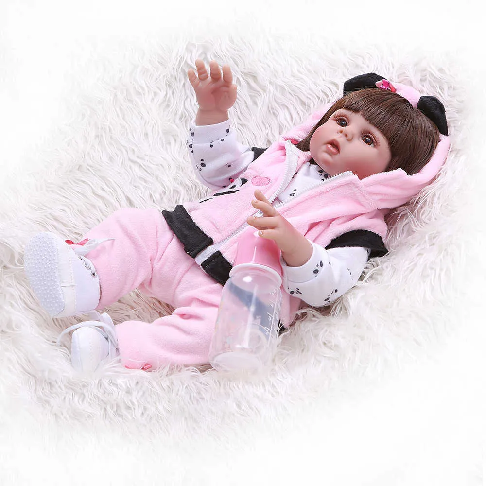 NPK 48CM Bebe Doll Reborn Girl в Panda платье полное тело мягкий силиконовый реалистичная детская ванна игрушка анатомически правильная Q0910