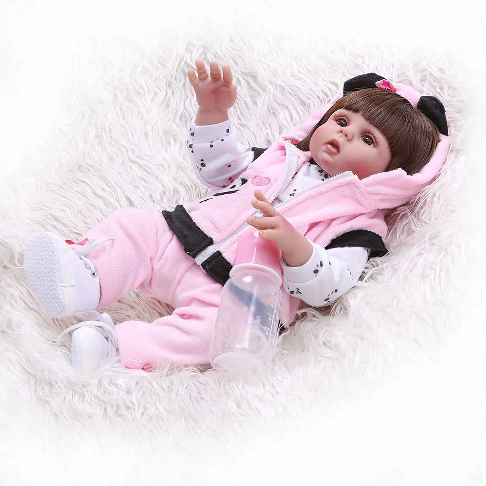 NPK 48CM bebe doll reborn toddler girl in panda dress full body soft silicone realistic baby bath toy Anatomically Correct Q0910