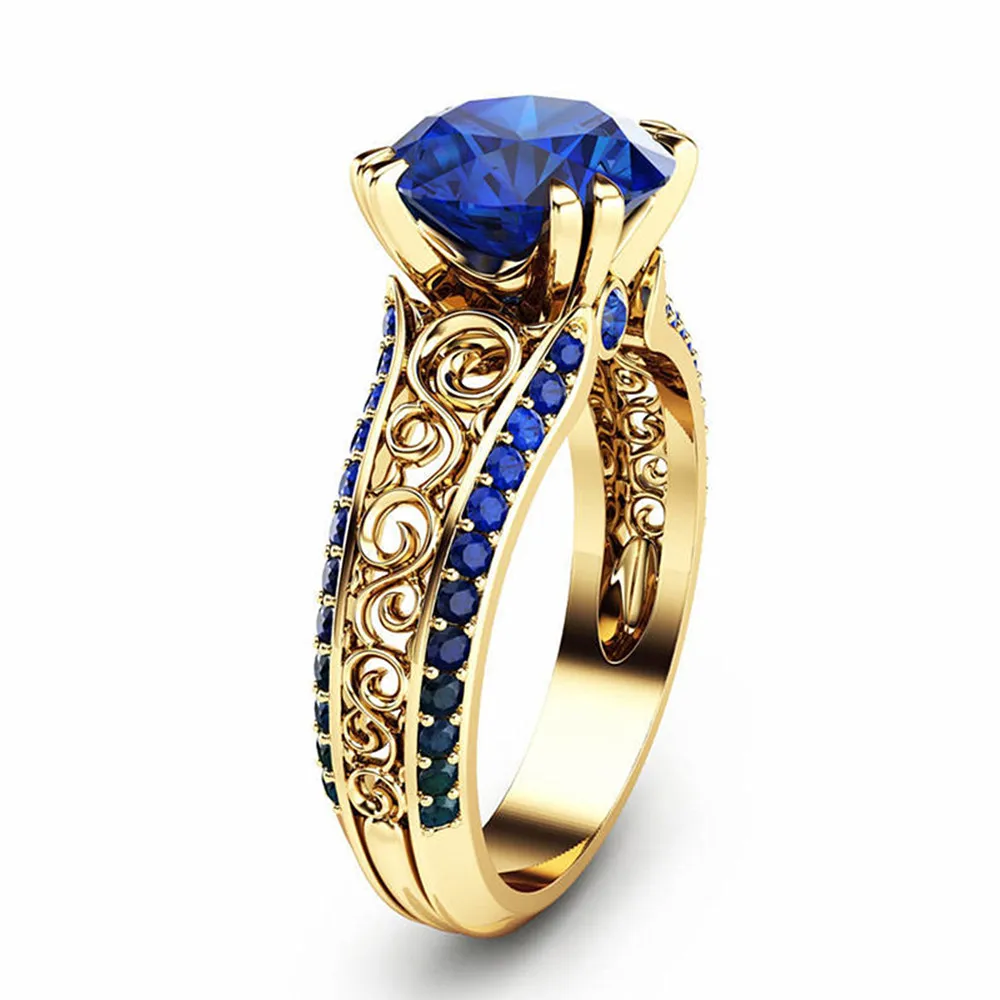 Vintage Carving Blue Crystal Sapphire Ruby Gemstones Ringar för Kvinnor Diamanter 14k Guldfärg Smycken Bijoux Bague Presenter