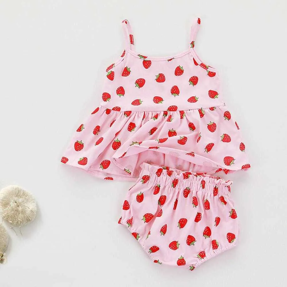 Erdbeere Druck Säuglingsspielanzug Twin Anzug Baby Mädchen Kleidung Sommer Süße Nette Kleid + PPK Hosen Slips Set Kleinkind Kinder kleidung Q0716