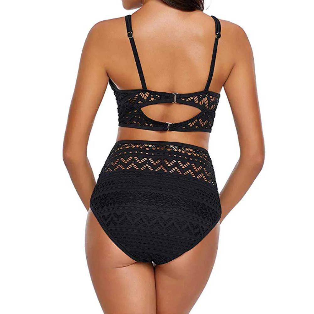 Swimsuit Mulheres 2 Partes Alto Cintura Biquini Set Push Up Swimwear Sexy Sólido Negro Negro Azul Lace Banhing Terno Brasileiro Beachwear 210604