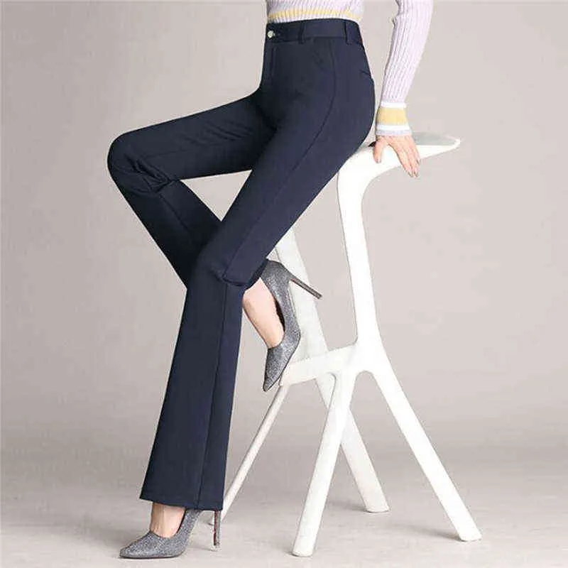 Élastique formel Long Stretch pantalon femmes bureau dame taille haute Flare pantalon solide dames automne bas amples 211115