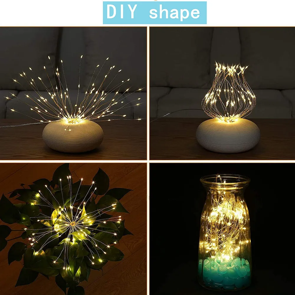 200 LED -snaarlichten Hangende Starburst Lamp Diy Firework Fairy Fairy Christmas Garland Festival Decor Remote Twinkle Y201020