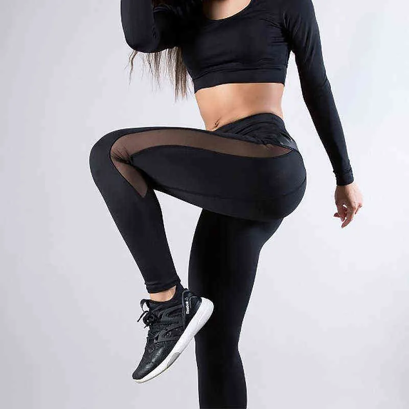 CHRLEISURE Solid High Waist Fitness Legging Women Heart Workout Leggins Femme Fashion Mesh And PU Leather Patchwork Leggings 211221