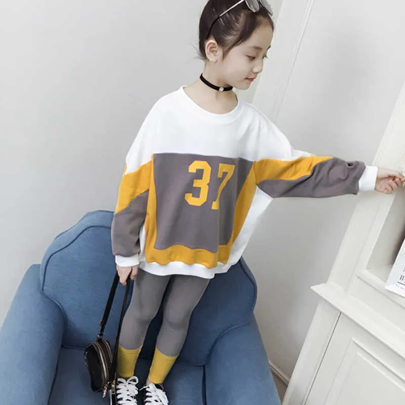 2021 Nieuwe Kinderkleding Pak Meisjes Herfst Kleding Tieners Sport Casual Big Children's Letter Sweater + Leggings Set 4-13Y X0902