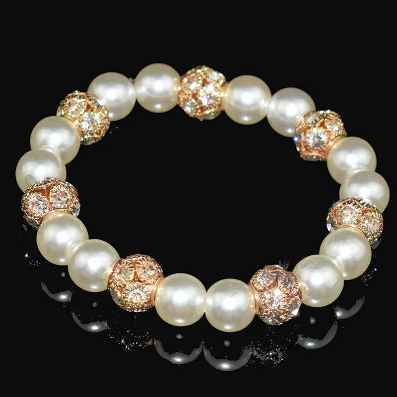 Pulsera de perlas Crystal Ladies Elástico Chapado en plata Oro Clastic Force Bridal para mujeres Jewelr Q0719