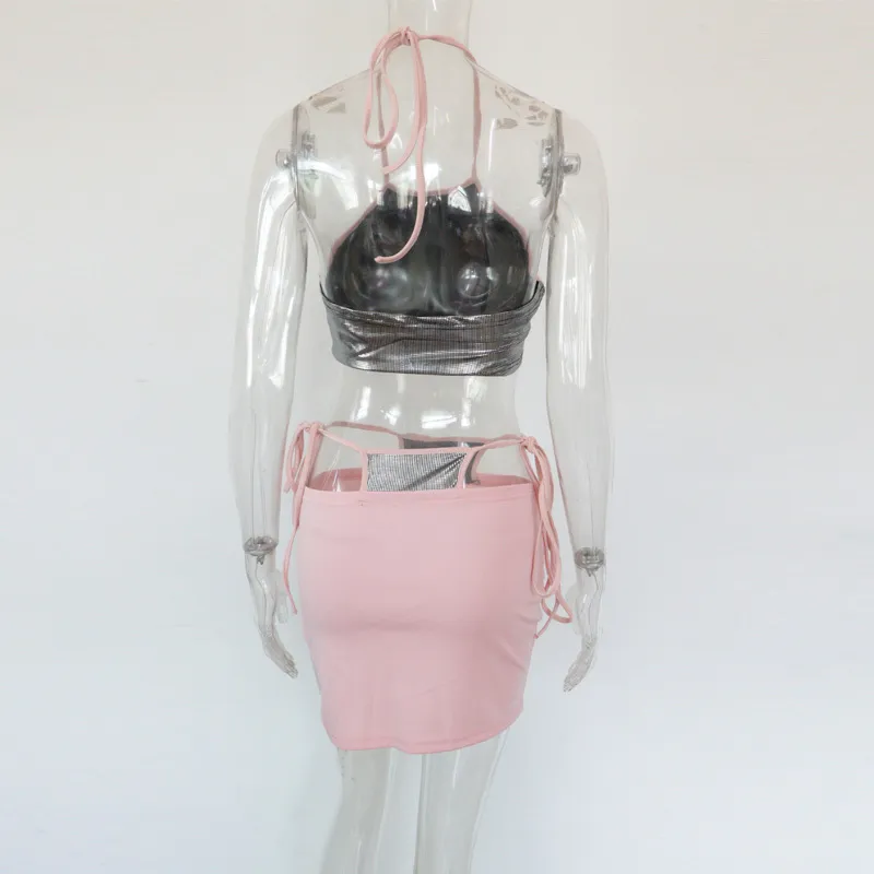 Beyprern Новый шикарный застенчивый зажигательный трексуиит набор двухсектурных костюмов блестящие женские без рукавов и короткий комплект для вечеринок Клуб одежды X0521