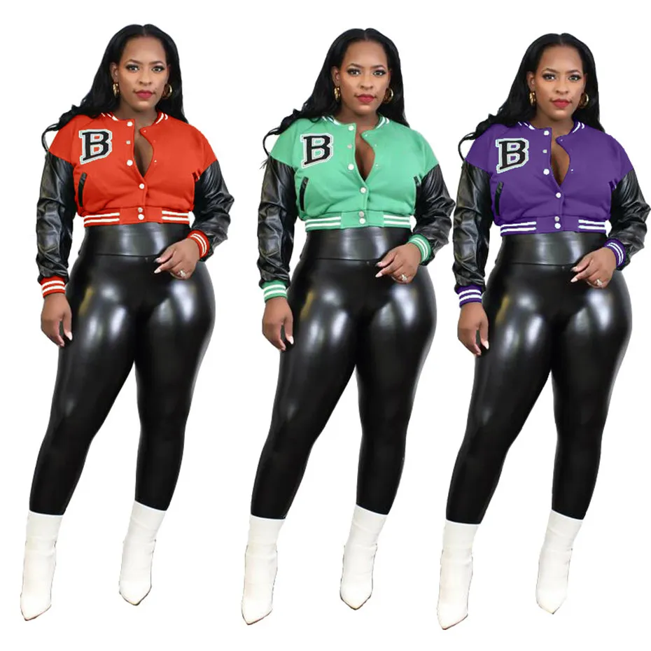 Women Tracksuits Baseball Uniform Set Outfits Leather Trousers Leather Sleeve Jacket Single Breasted Letter Embroidered Suit K8353
