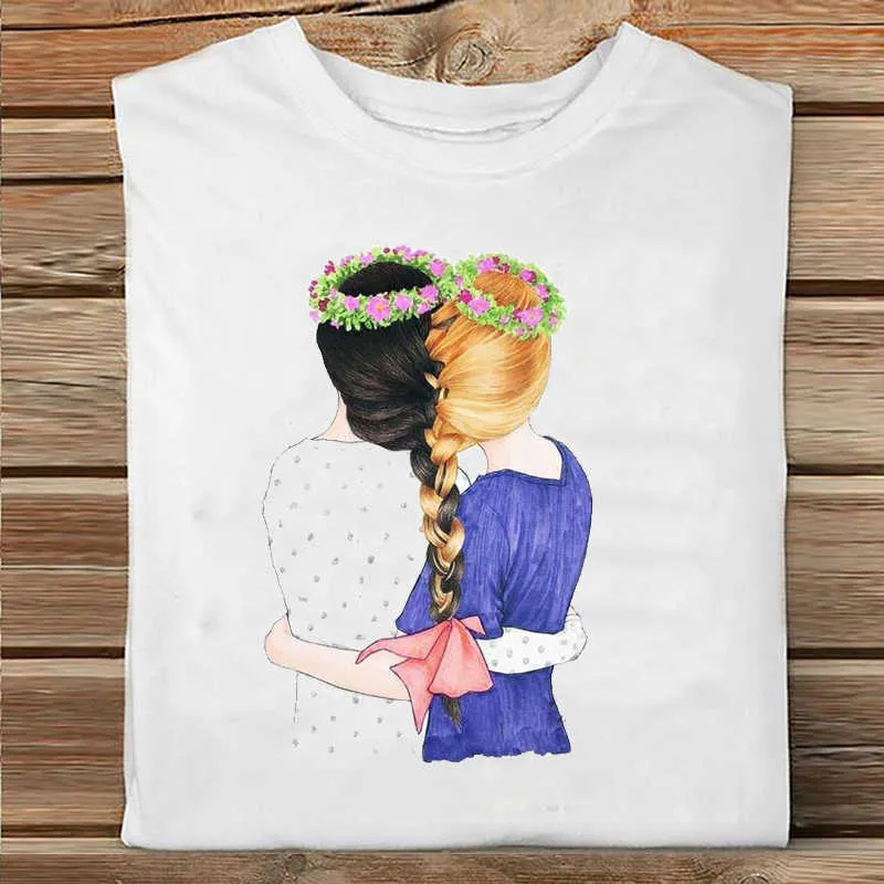 Femmes à manches courtes café temps tendance mignon dessin animé soeur amis vêtements imprimer T-shirt femme T-shirt haut dames graphique T-shirt X0628