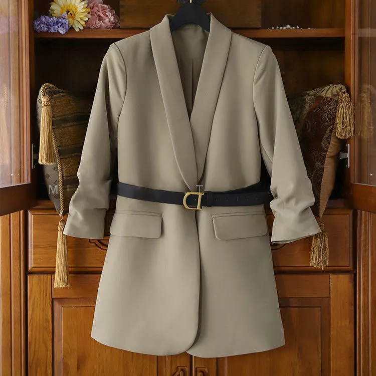 Plus Size Women's Suit Blazer Dress Long Jacket Mesh es Two Piece Set With Belt Elegant Women Winter Coat 4251048 220302