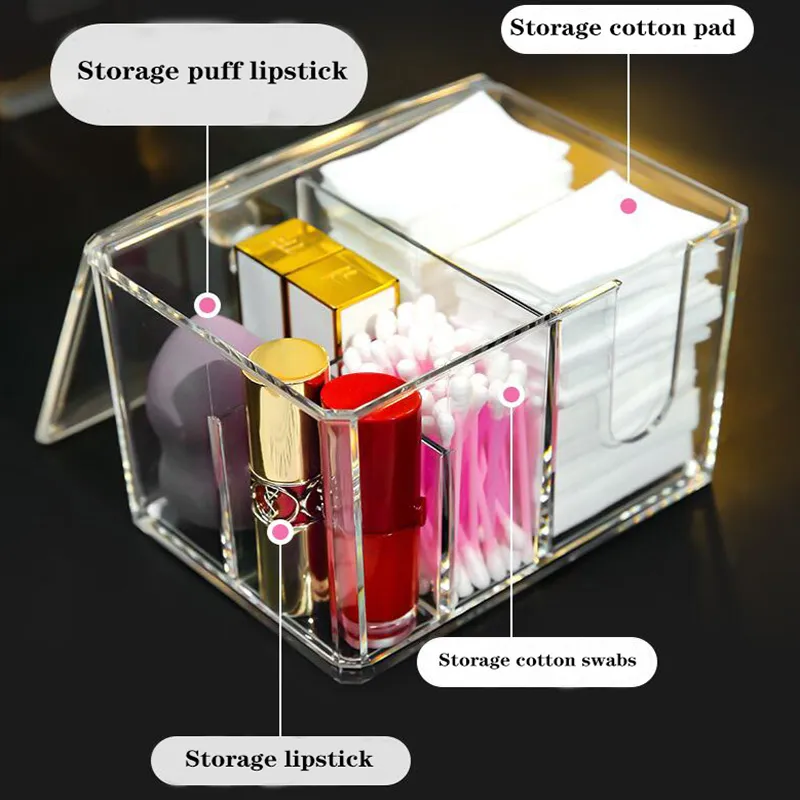 Cosmetic Storage Box Makeup Organizer Cotton Swab Storage Cotton Pads Holder Clear Lipstick Storage Plastic Box 4 Grid Diamond 210309