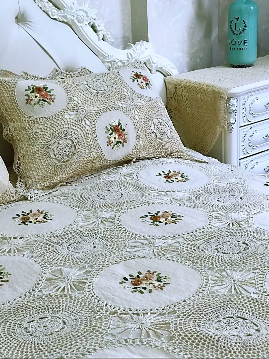 BEIGE Handmade Crochet Bed Spread Set Luxury Cotton Bedding Sets Bed Cover PillowCase Super KING 230x250cm Bedspreads Coverle230i