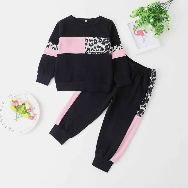 Herbst Jungen Mädchen Outfits Leopardenmuster Baumwolle Hoodie 2 Stück Sport Sets Babykleidung E7192 210610