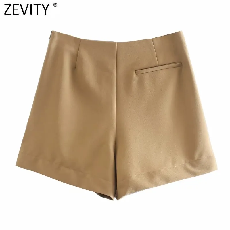 Zevity Nouvelles Femmes Vintage Double Boutonnage Solide Casual Slim Shorts Jupes Dames Side Zipper Chic Shorts Pantalone Cortos 210306