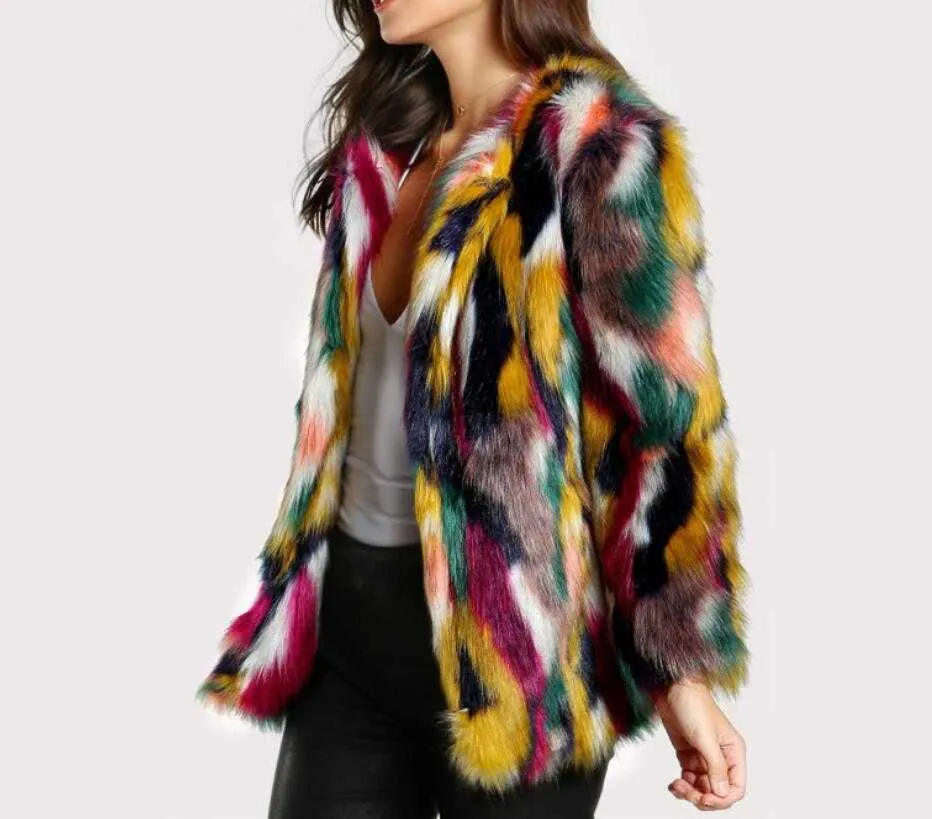 Cappotto in pelliccia sintetica multi colore a contrasto moda lungo peloso Shaggy Outwear donna autunno inverno giacca corta cappotto top Y0829