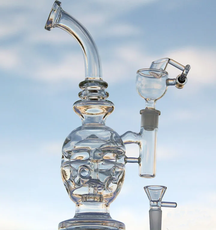 Glasbong vattenrör Skull Dab Rigs Bong Recycler böjd hals med skål glasoljerigg 14,5 mm led