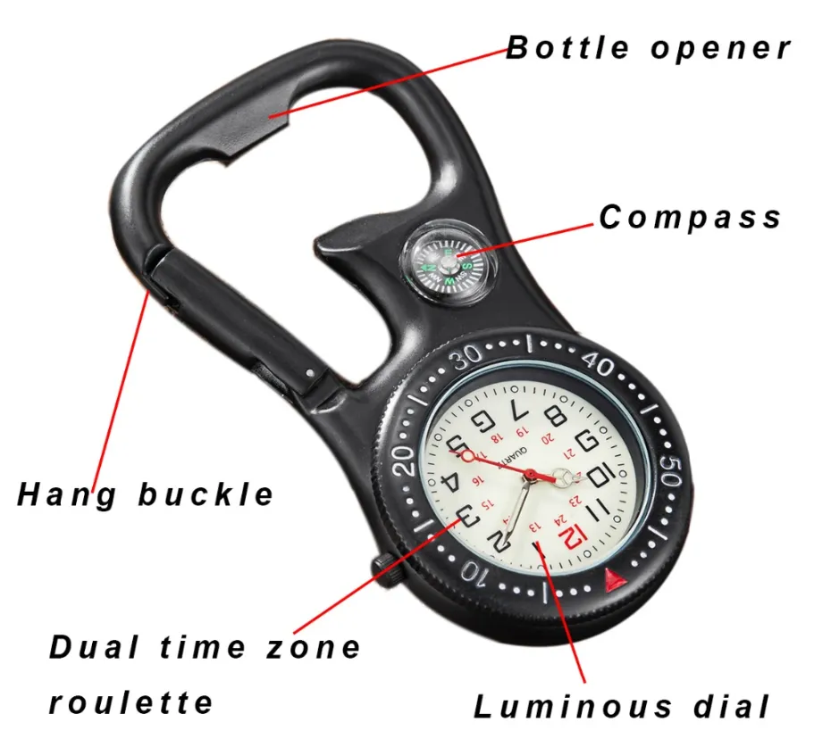 Luminous Outdoor Sport Clock ClipOn Carabiner Pocket Watch Nurse Watch Multifunction Bottle Opener for Doctors Chefs6852982