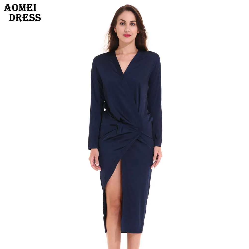 Liquidazione Abiti in raso di seta Abito con spacco Donna Avvolgere con scollo a V Sexy Manica lunga Split Irregolare Estate Blu scuro S M L XL 2XL 210527