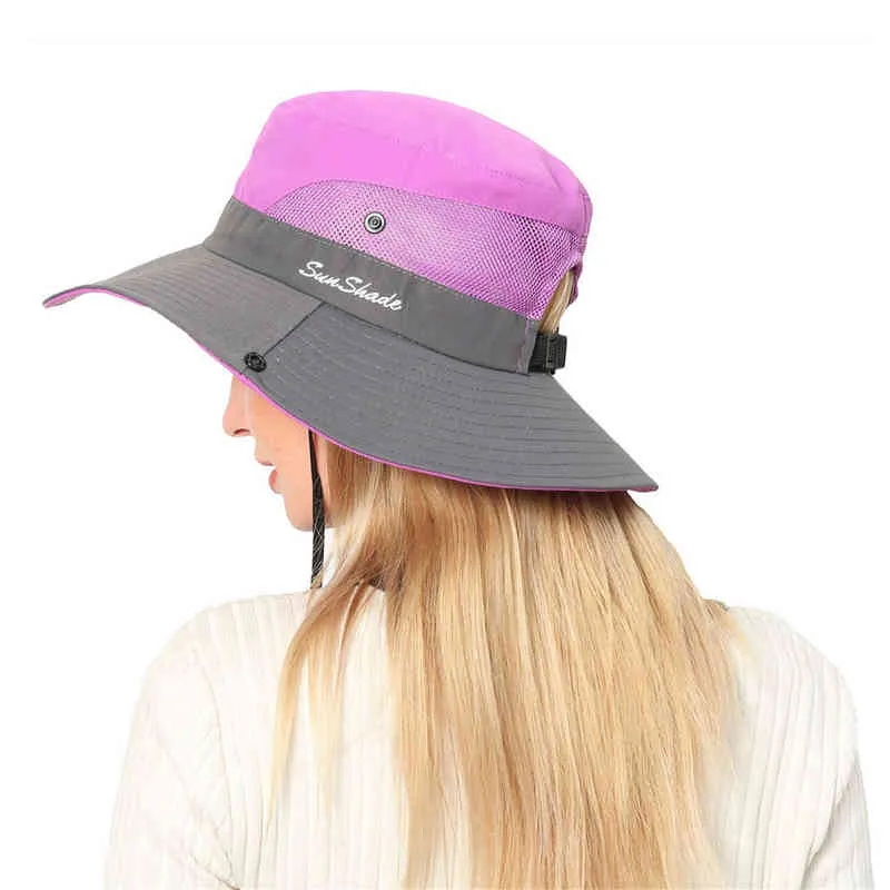 2021 Femmes Protection UV Large Chapeaux de soleil de haute qualité Refroidissement Mesh Queue Trou Cap Chapeau Pliable Casual Mode Quotidienne Chapeaux de Soleil G220311