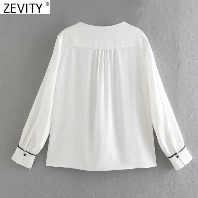 Zevity Women Sweet Black Edge White Chiffon Smock Blouse女性のプリーツ長袖着物のシャツシックBlusas Tops LS7654 210603