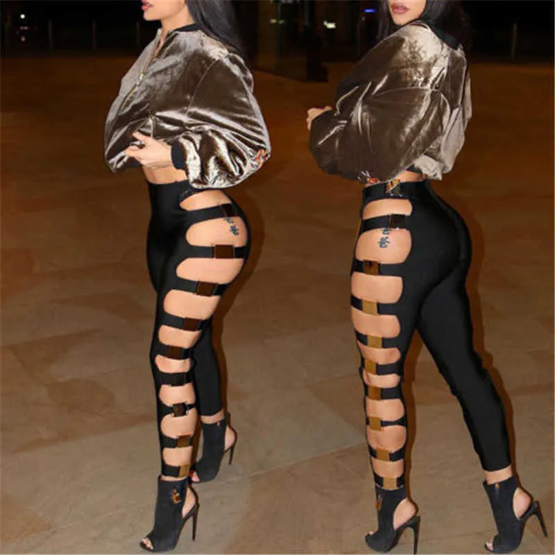 Women Pants Leggings Elastic Hollow Out Ripped Gothic Push Up Cross Strap Party Club Slim Black Sexy 210925