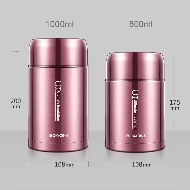 BOAONI Contenitore Termico Alimenti da 1000 ml Contenitori Thermos Zuppa Isolati Sotto Vuoto Scatola da Pranzo in Acciaio Inossidabile 18/8 con Cucchiaio Pieghevole 210809