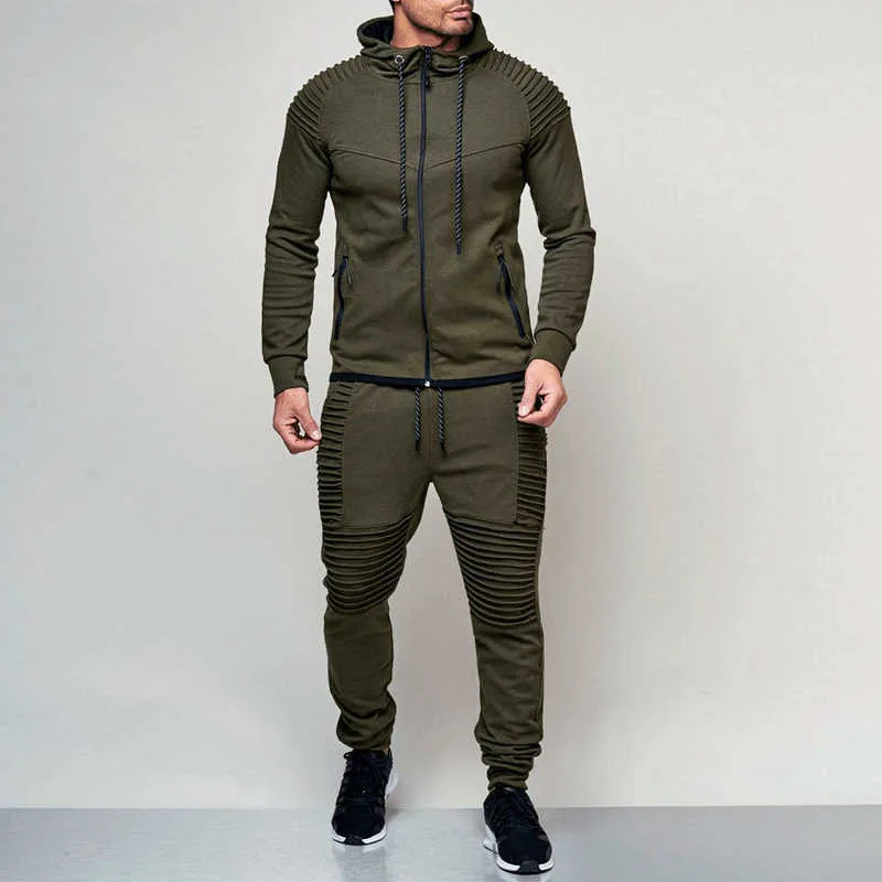 Set da 2 pezzi Moda uomo Tuta con cerniera Felpe con cappuccio da corsa Tute da uomo Pullover con coulisse Outfit Allenamento Streetwear 210916