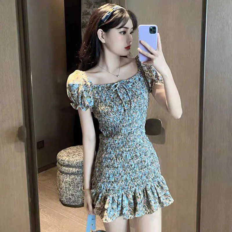 Summer Slim stretch word shoulder dress female ruffled bag hip floral short sleeve mini es temperament commute 210604