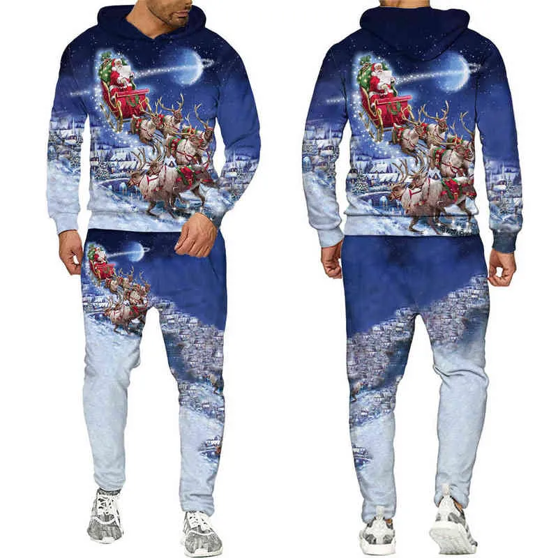 Julklapp Alla Skriv ut Hoodies Byxor Mäns 3D-tracksuiter Unisex Snowman Pullover Sweatshirt Streetwear Suits 211220