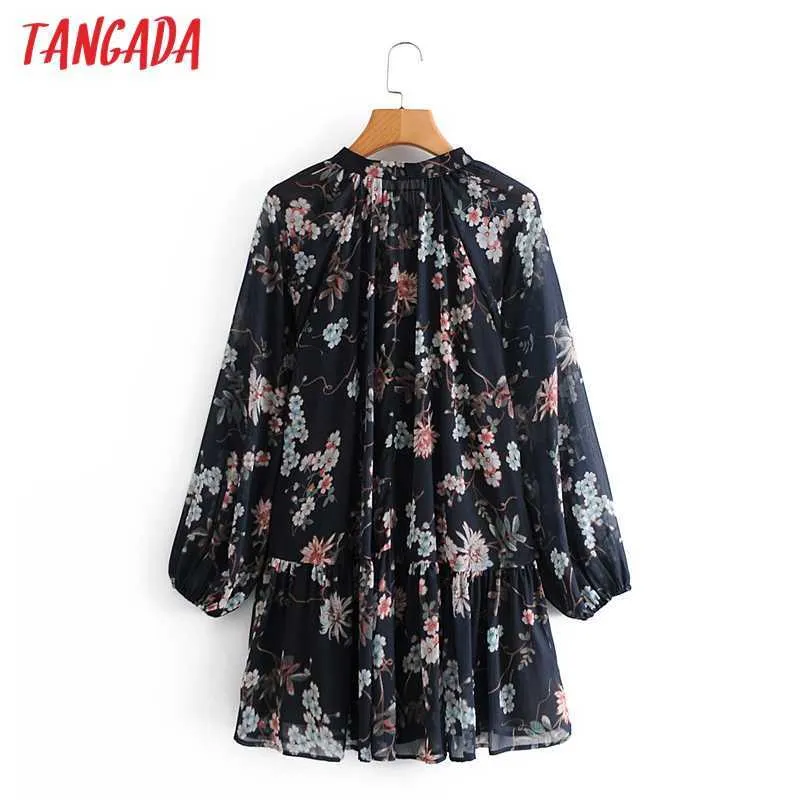 Tangada femmes imprimé fleuri robe surdimensionnée nœud cou à manches longues dames lâche Mini robe Vestidos 3A17 210609