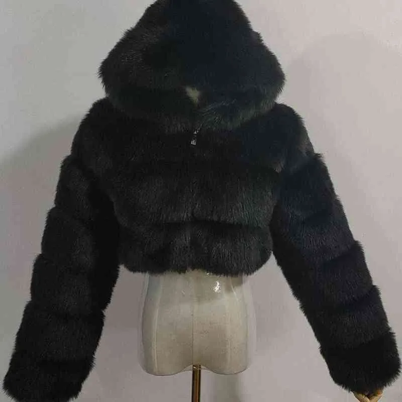 Пальто из искусственного меха женская модная зимняя пушистая теплая короткая куртка на молнии с капюшоном теплая женская зимняя куртка 211220