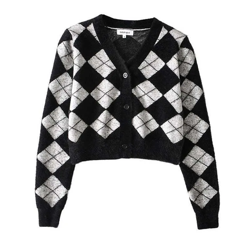 Tonngirls Preppy Style Cardigan Women Long Sleeve Knitted Argyle Cashmere Streetwear Black Sweater Winter 210914