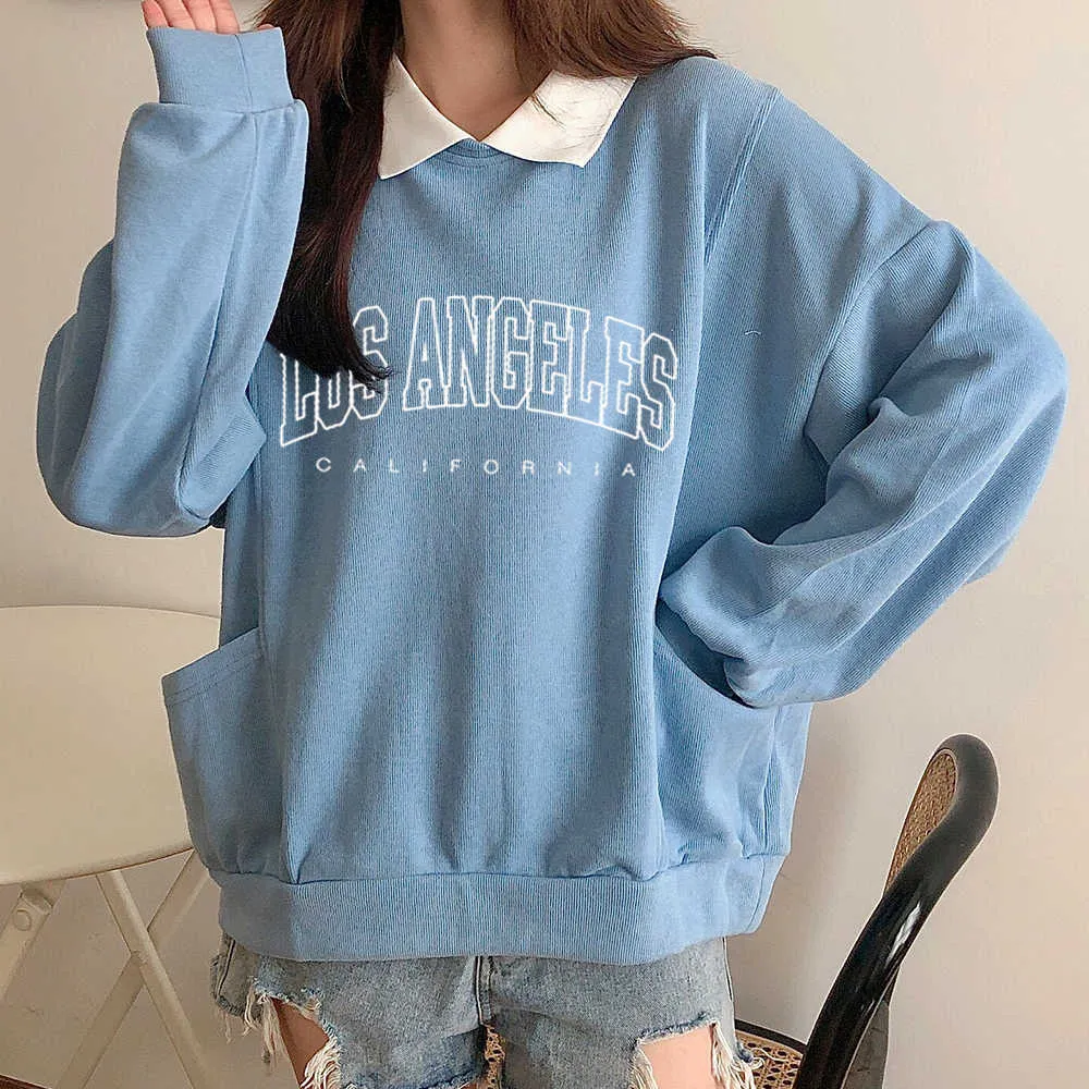 Spring Female Hooded Sweatshirt Korean Fashion Pullover for Lady Cotton Sweat Femme Vintage Los Angeles California Hoodies Women 211023