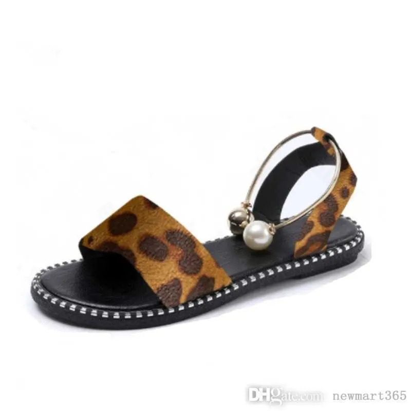 Women Sandals Summer New Leisure Flat Bottom Back Empty Pearl One Line Designer Slides Plus Size Ladies Shoes