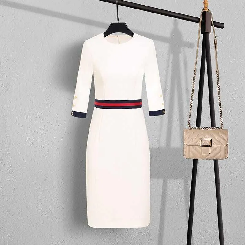 2021 New Arrival Elegancki O Neck Sukienki Kobiety Wysokiej Jakości Office Lady Formalne Prace Biznesowe Szczupła Ołówek Sukienka Odzież Plus Size X0521