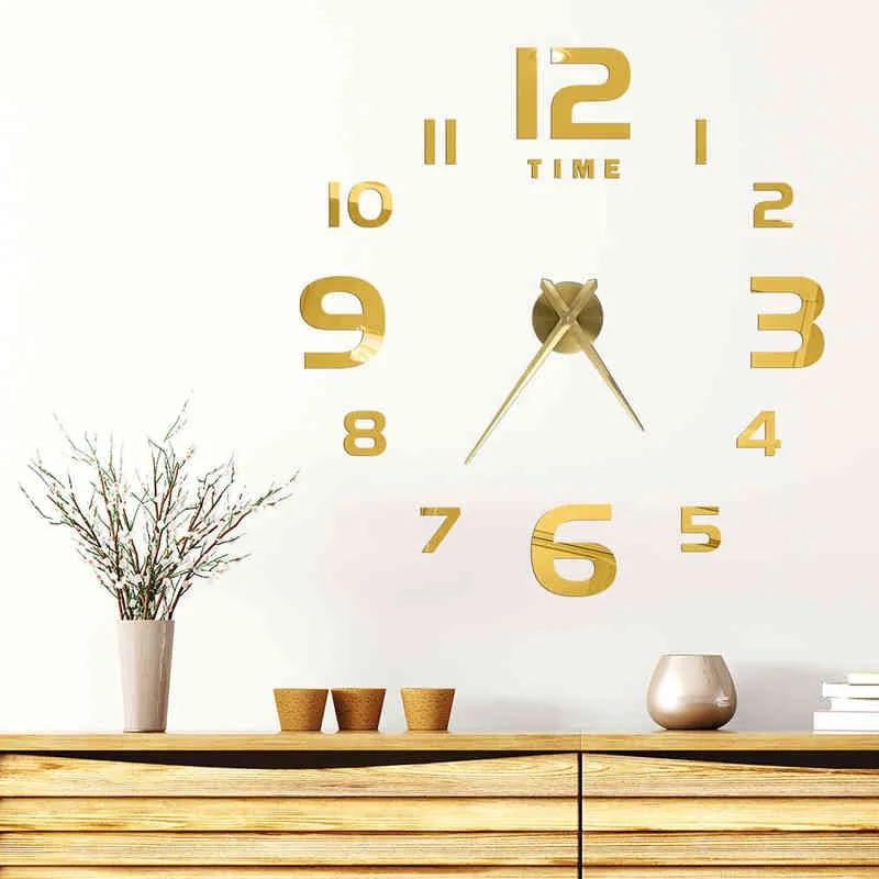 Big Home Wall Clock 3D DIY Acryl Spiegel Stickers Woondecoratie Woonkamer Quartz Naald Klokken Zelfklevend Opknoping Horloge H1230