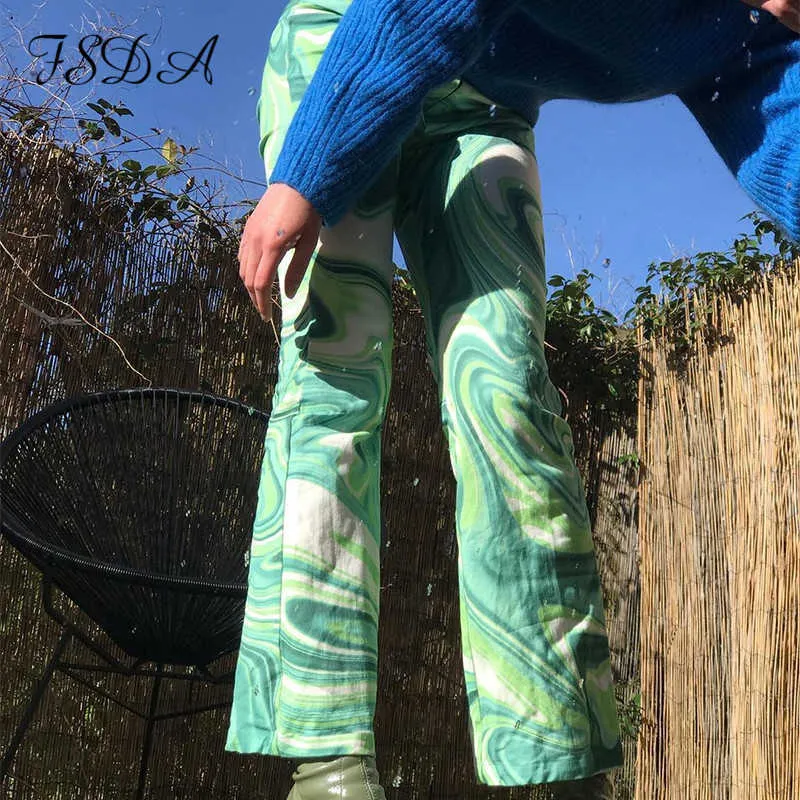 FSDA 2021 Tie Dye Print Pantalones Mujer Y2K Verde Pierna ancha Verano Primavera Casual Vintage Cintura alta Cremallera Pantalones de moda 90S X0629