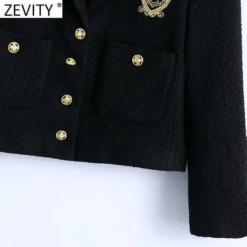 Zevity Femmes Angleterre Style Badge Patch Bouton de laine Blazer Manteau Vintage Poches à manches longues Femme Vêtements de dessus Chic Tops CT663 210603