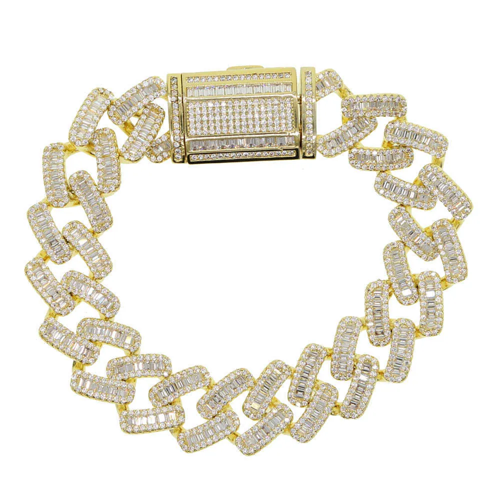 Bracelet en chaîne à maillons cubains pour hommes, 15mm de largeur, 5A, baguette glacée, cz, couleur or, bijoux hiphop, 210609288o