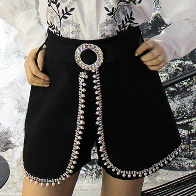 Vintage negro Patchwork diamante corto para mujer cintura alta falso dos coreanos faldas cortas mujer verano moda ropa 210531