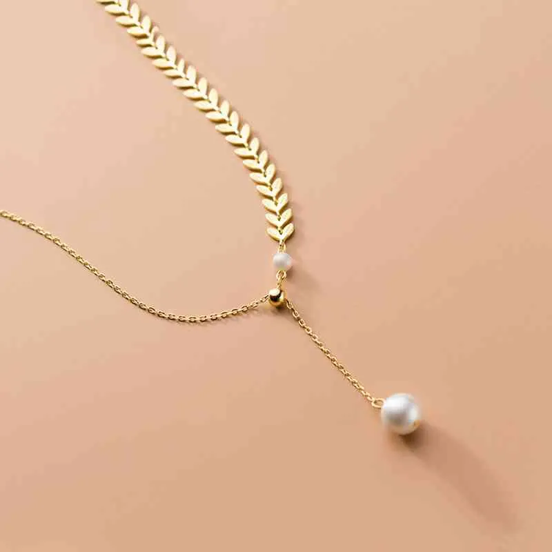 Kamira 925 Sterling Silver Elegant Romantiskt Leaf Pearl Bead Pendant Chain Halsband för Kvinnor Klavikel Bröllop Smycken