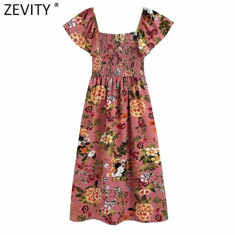 Zevity女性のファッション花柄の弾性パッチワークMidiドレス女性シックな夏のビーチvestidoスリムレディース服DS8360 210603