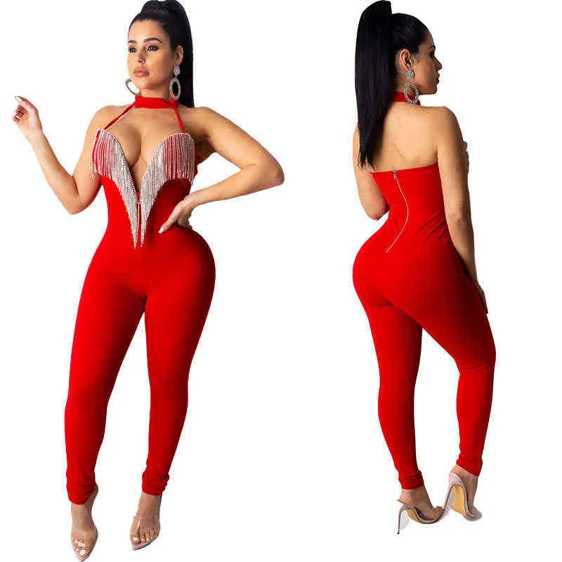 Sexy Diamonds Tassel Strapless Bandage Night Party Club Jumpsuit Women Halter V Neck Backless Romper Outfit Streetwear Overalls 211116