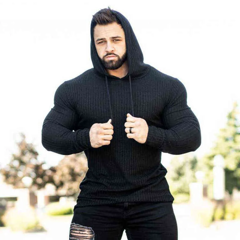 Wiosna Moda Kapturem Swetry Mężczyźni Dorywczo Turtleneck Swetry Slim Fit Sports Pullover Mężczyźni Sweter Gym Knitwear Pull Homme 211102