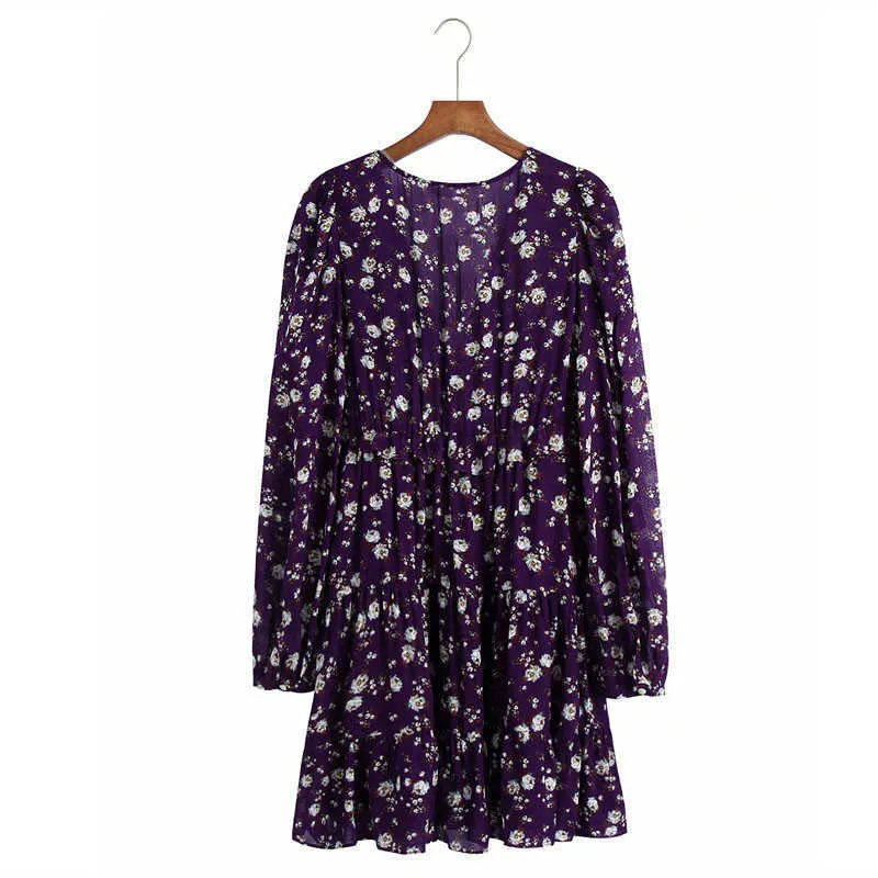 Za Elegant Floral Print Purple Mini Dress Women Long Sleeve Ruffle Elastic Waist Vintage Ruched Dresses Lining Vestido 210602