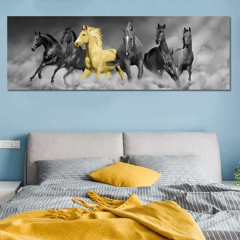 Moderno cavallo in bianco e nero che corre immagine arte della parete pittura soggiorno stampa su tela animale decorativo poster stampa di grandi dimensioni