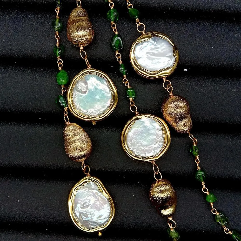 Y YING Halskette mit natürlicher grüner Diopsid-Zuchtperle und weißer Münze, lange Pulloverkette 41 274J4258665