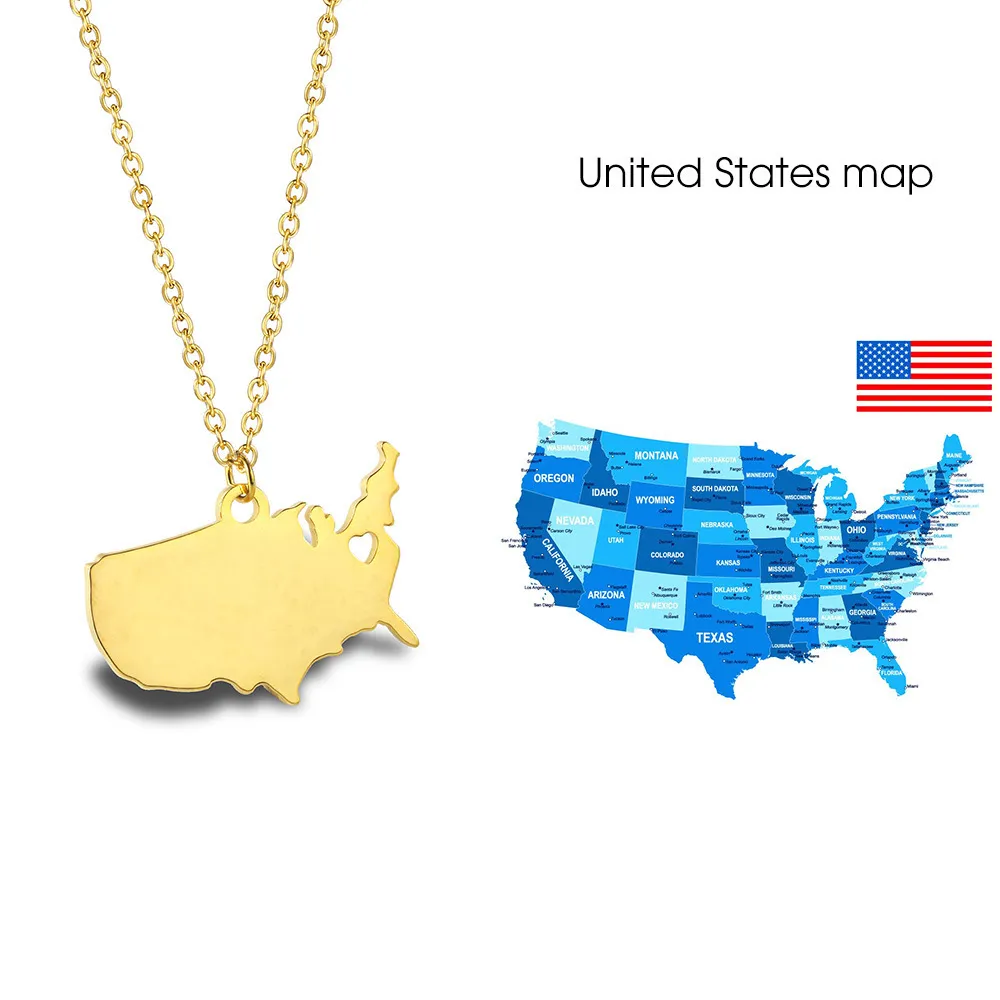 Collana con mappa degli Stati Uniti Design semplice Mappa topografica nazionale Acciaio al titanio placcato oro 18 carati con catena a clavicola da donna